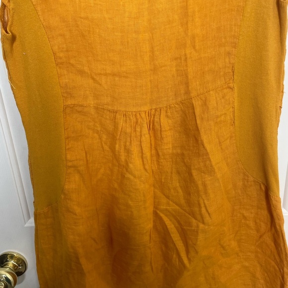100% LINO Mustard Yellow Short Sleeve linen embroidered Dress with pockets | L - Picture 6 of 11